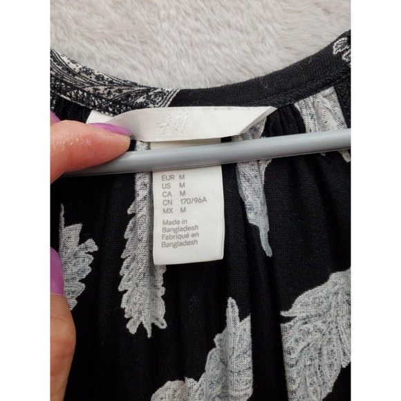 H&M Tank Dress Womens Medium Black Palm Leaf Viscose Sleeveless V Neck Pleated - Picture 5 of 7